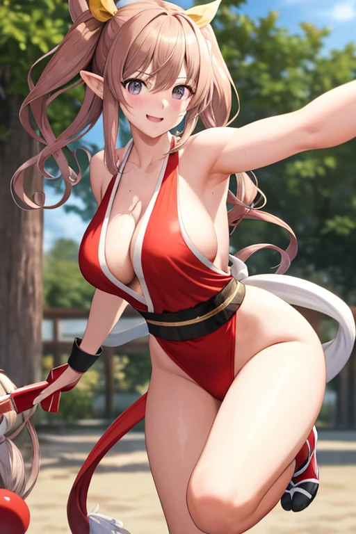 masterpiece, best quality, beautiful art, high resolution, well formed hands, body and fingers, 1 woman, solo, Rinna Mayfield,   grown up,  cosplaying as Mai Shiranui , adult, large and round breasted, cleavage full body, pelvic curtain, hair ribbon, gorgeous legs and, thighs, sexy Japanese clothes, hair ornament , sexy legs , hips and thighs, doing exercise, warming up, fighting in a combat match, showing her fighting skills, making her guard, about to hit the viewer, looking at the viewer, sweating, bouncing breasts, smiling joyfully and brightly, being confident and proud, action and fighting scene, martial arts arena with beach environment         