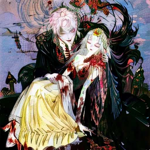 there is a drawing of a man and a woman hugging, creepy!!, fan art, Fanart ", creepy!!!, sad!, creepy, fanart, vampire, dramatic illustration, vampires, in the art style of bowater, bloody scene, as a vampire, he holds her while she sleeps, rotoscoped, nosferatu princess, colored sketch, corpse bride art style