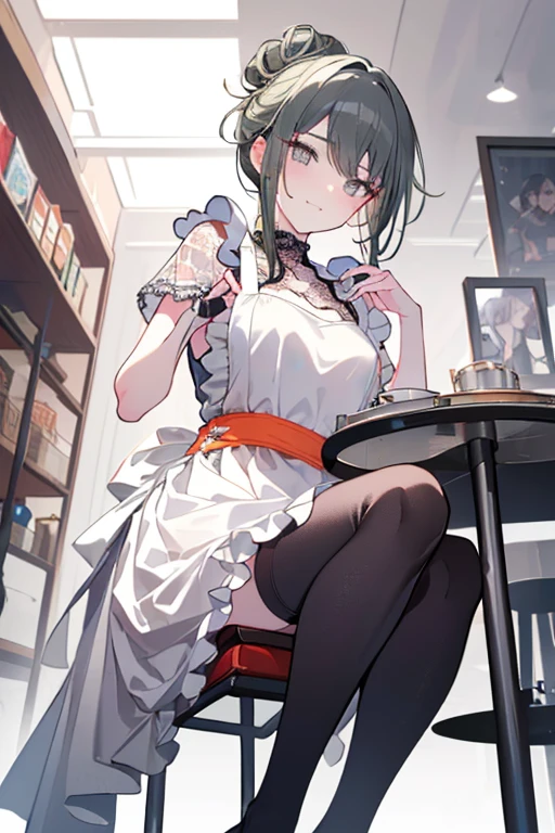 (A masterpiece of image quality in 8K),(from below:1.2),(Beautiful Allafed Woman),(((emphasizing breasts:1.0))),(Dynamic angles),(Dynamic and sexy bending pose:1.3),(sit a chair:1.3),(Short hair in shiny silver and orange inner colors,(perky chest:1.1), (pointed chest:1.3),small full breasts,Disturbance of clothing due to movement,breast slip,(Ponytail twisted buns adorned with elaborate braids and beads,Braided Setup Fishbone Hair,),(see-through bangs),small breasts、(((A white lace apron that shows your bare skin from under your small breasts)))、Blush with embarrassment、Enraptured eyes、A smile that beguiles the viewer、(Look back:1.2)、Look into the photographer,skin glistening with sweat,gazing at viewer,,(Professional Lighting),(8K,masutepiece,top-quality,Ultra-high resolution output image,),(Ultra HD with complex detail image modes),depth of fields,Beautiful hands,Beautiful fingers,Detailed finger features,(Detailed hair features:1.7),detailed facial features,detailed clothes features,
