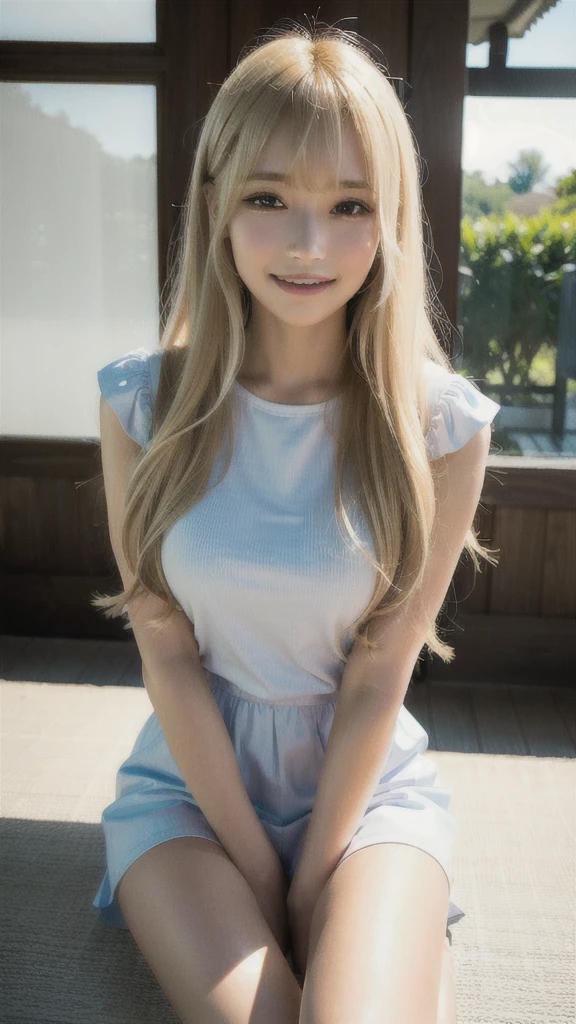 (best quality), (realistic, photo-realistic:1.3), masterpiece:1.2, an extremely delicate and beautiful, extremely detailed, CG, unity, 8K, amazing, finely detail, ultra-detailed, highres, absurdres, soft light, (((long blonde hair, bangs))), beautiful detailed girl, detailed fingers, extremely detailed eyes and face, beautiful detailed nose, beautiful detailed eyes, beautiful delicate glossy lips:0.9, (light on face), (looking at viewer), (closed mouth:1.2), 1girl, cute, ((thigh:1.5)), ((innocent face)),young,(((Puff sleeve blouse, (medium breasts), realistic face, realistic body, Film Grain:0.6, Ray tracing:0.6, Dynamic Range:0.3, median:0.4, (semi smile:1.3)、Summer festival