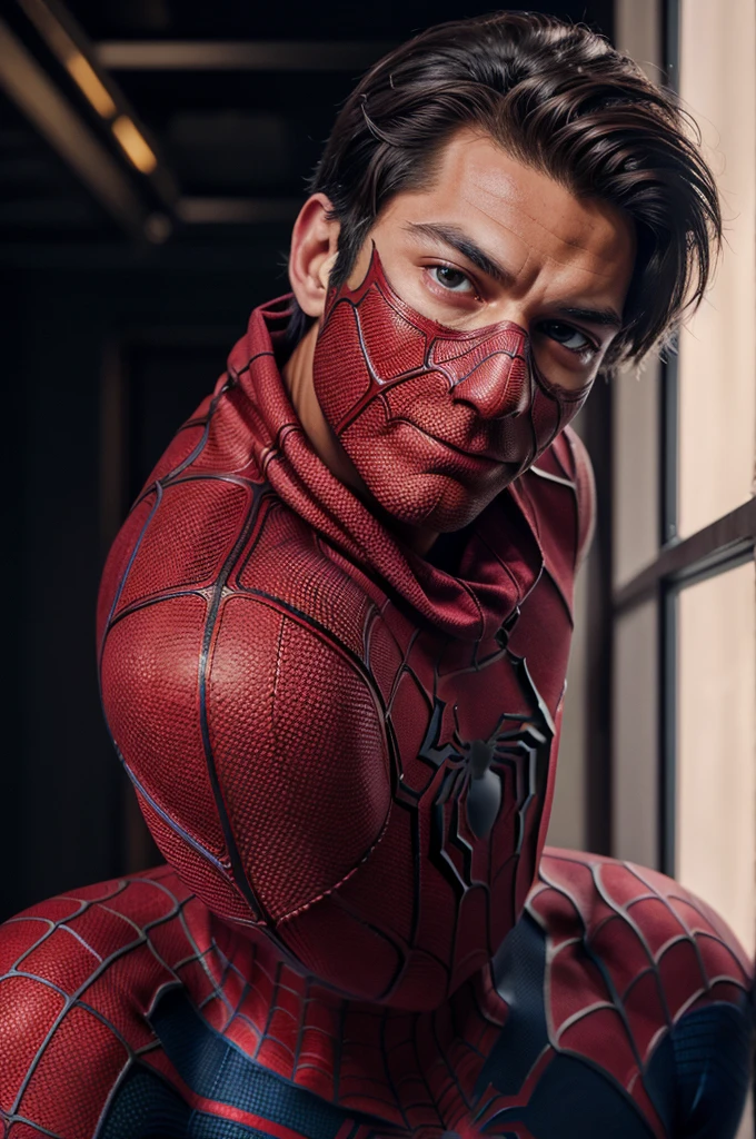 A photograph of spider man, no mask, 20 yo, handsome, detailed face, looking at camera, portrait, 8k uhd, high quality