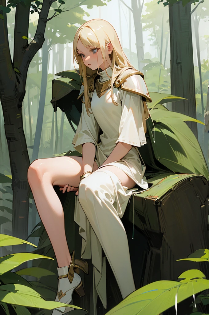 Best image quality, forest, armor, ""White underwear"", Completely naked, sit, Spread your legs, Rainfall, Blonde, ""woman"",