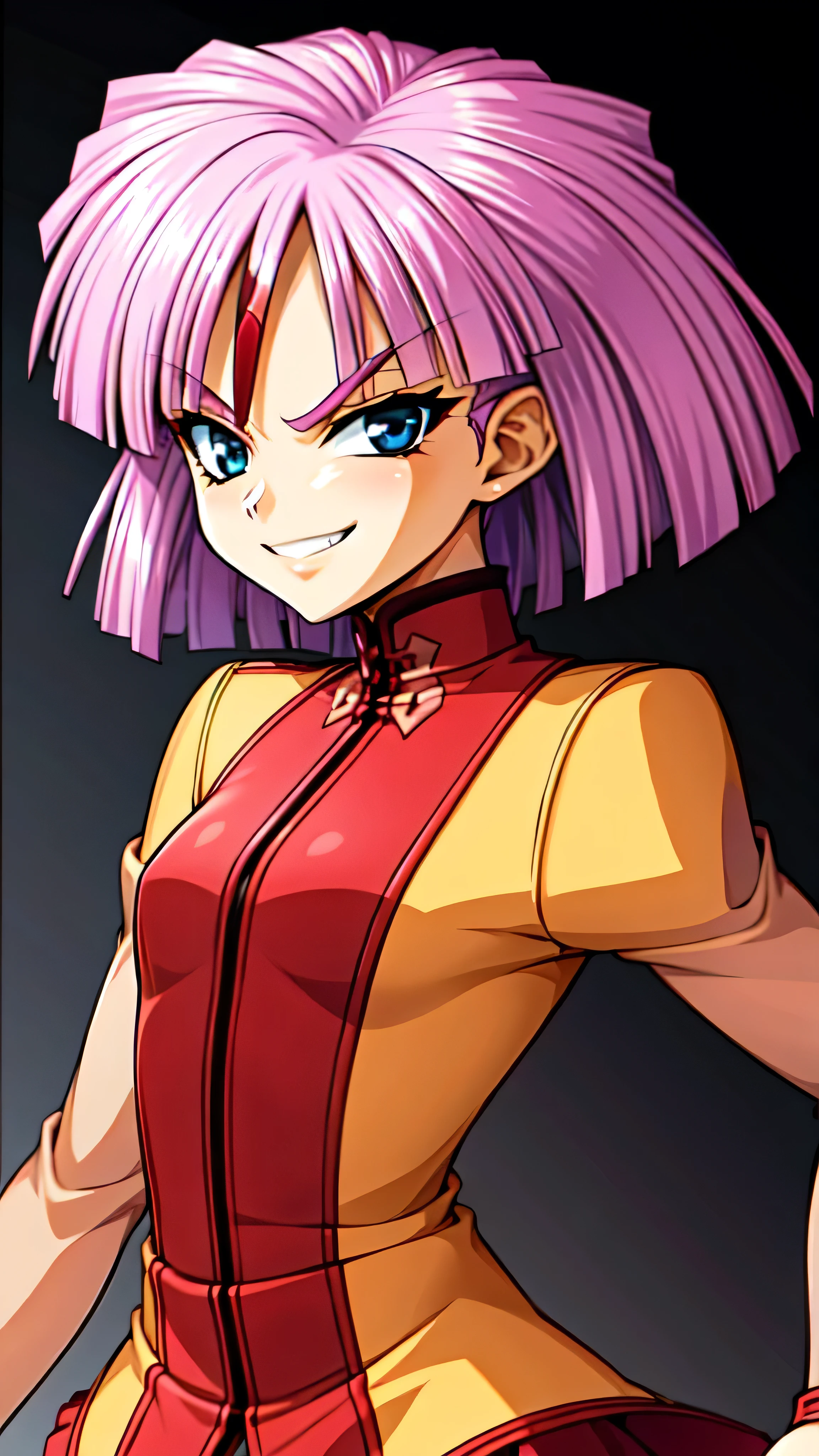 (best_quality 4K, 8K, High resolution, Masterpiece: 1.2), ultra detailed),from_below,(anime_screencap),(1girl,solo),dynamic_angle,too evil_smile,too evil laugh at,tis,deep shaded_face,too sadistic smile,smile worst,,bob short hair,,,looking at viewer,upper body,black background,too worst smile,too bad smile,too evil smirk,,too sadistic smirk,deep dark face,