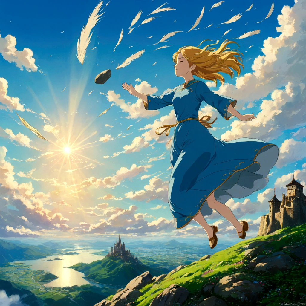 With a clear blue sky in the background、緑に覆われたLaputa: Castle in the Skyが majestic に浮かんでいる。From below Laputa、光に包まれた少女Thetaが、Slowly descending。She is wearing a blue dress、With her golden hair fluttering in the wind、With a calm expression and eyes closed。Around her、小さなFlying stonesがキラキラと輝き、Creates a fantastic atmosphere。beautifulAnime Scenery, Landscape painting, beautifulデジタル絵画, Andreas Rocha, beautifulアートワークのイラスト, Awesome Wallpapers, Raymond Han, 背の高いbeautiful絵画, Studio Ghibli Makoto Shinkai, beautiful壁紙, Anime Scenery, Laputa: Castle in the Sky, Theta, Flying stones, Coming down from the sky, mysterious, beautiful, Humans don't draw
