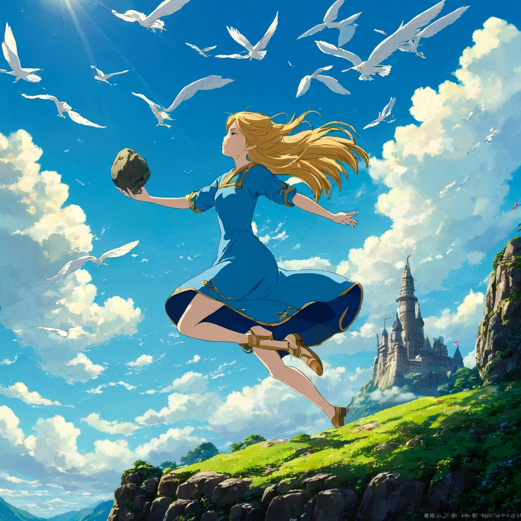 With a clear blue sky in the background、緑に覆われたLaputa: Castle in the Skyが majestic に浮かんでいる。From below Laputa、光に包まれた少女Thetaが、Slowly descending。She is wearing a blue dress、With her golden hair fluttering in the wind、With a calm expression and eyes closed。Around her、小さなFlying stonesがキラキラと輝き、Creates a fantastic atmosphere。beautifulAnime Scenery, Landscape painting, beautifulデジタル絵画, Andreas Rocha, beautifulアートワークのイラスト, Awesome Wallpapers, Raymond Han, 背の高いbeautiful絵画, Studio Ghibli Makoto Shinkai, beautiful壁紙, Anime Scenery, Laputa: Castle in the Sky, Theta, Flying stones, Coming down from the sky, mysterious, beautiful, Humans don't draw