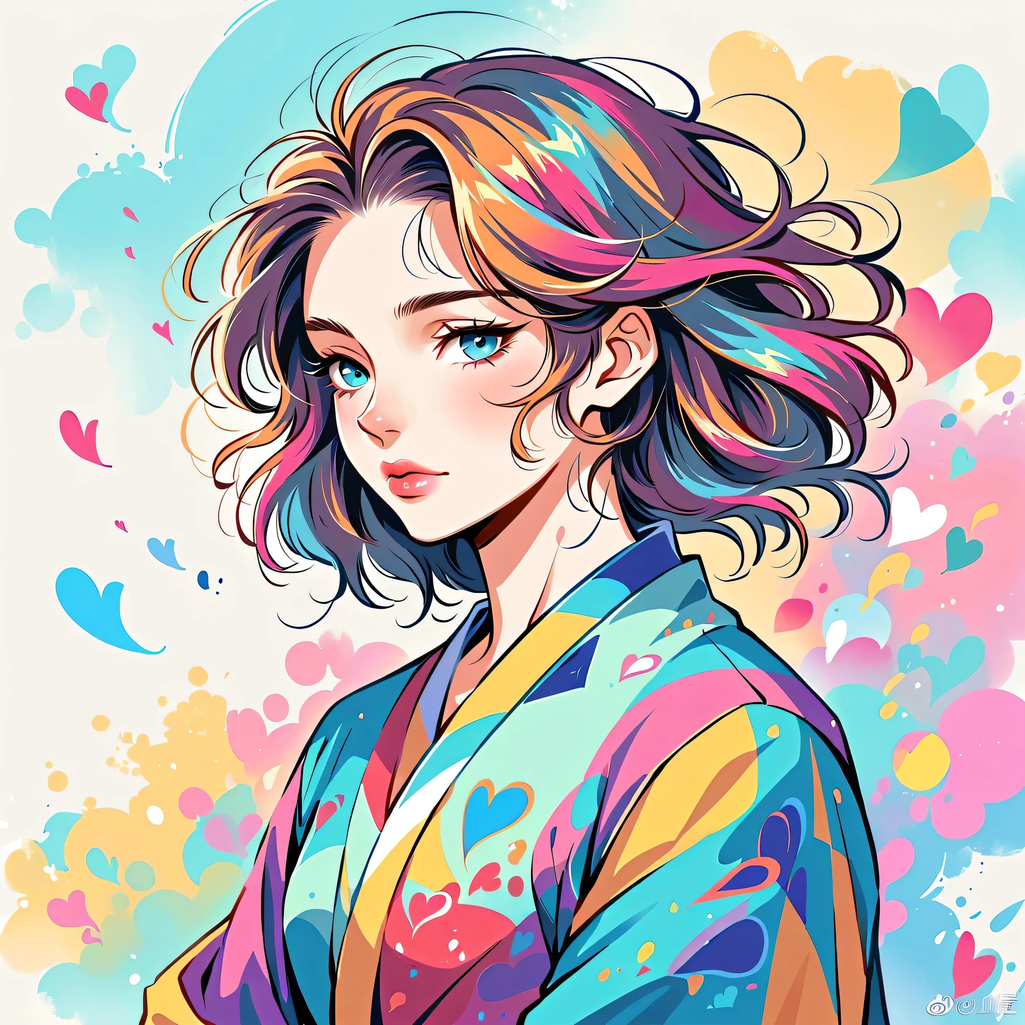 Vasily Kandinsky style, Simple Line Initialism,Abstract art,Urban Background, colorful hearts ,(((The most beautiful girl of all time))), Lips in love,