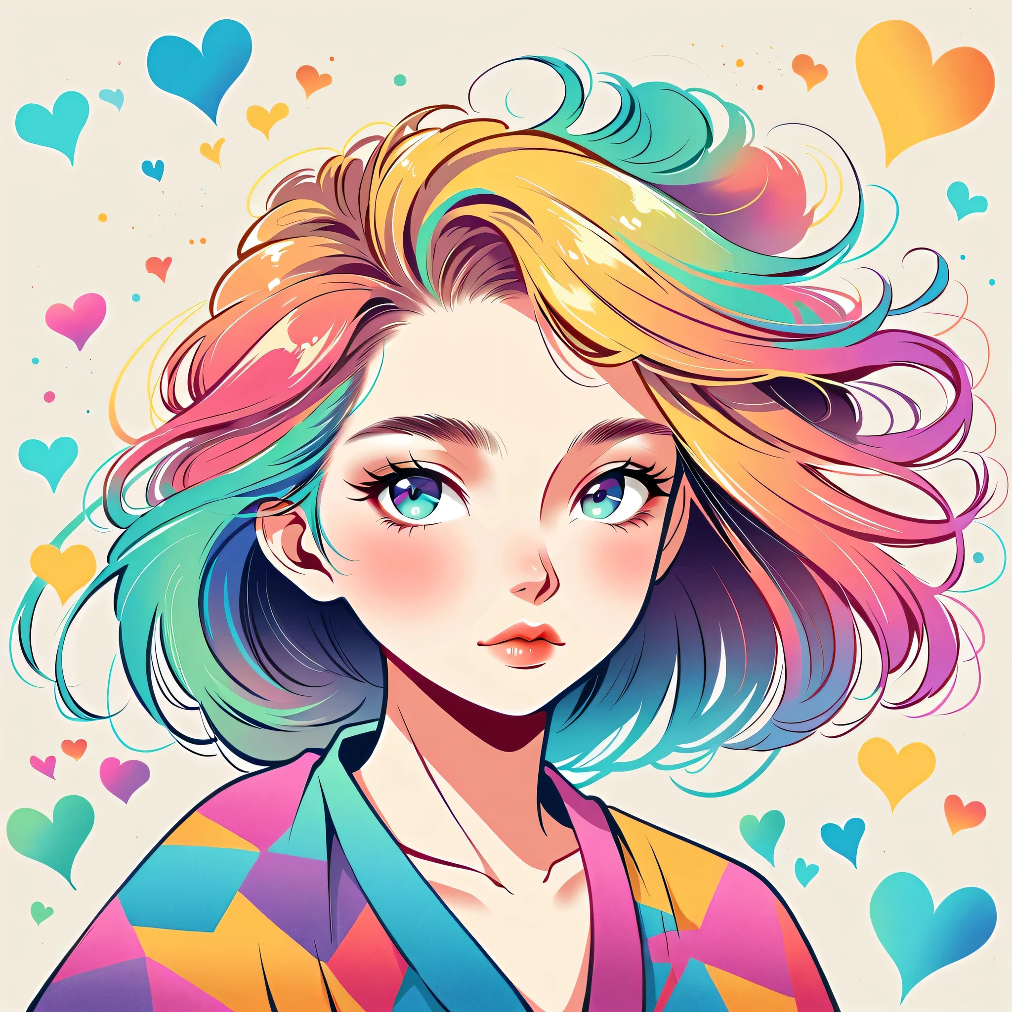 Vasily Kandinsky style, Simple Line Initialism,Abstract art,Urban Background, colorful hearts ,(((The most beautiful girl of all time))), Lips in love,