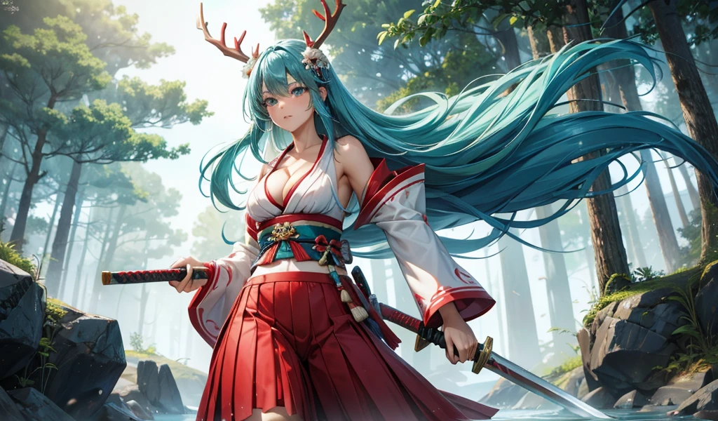 Beautiful woman with aqua blue hair and antlers,Red and white kimono,Bare waist,Abdominal muscles,Bare arms,cleavage,tattered long skirt,Samurai sword,Cave,Trees