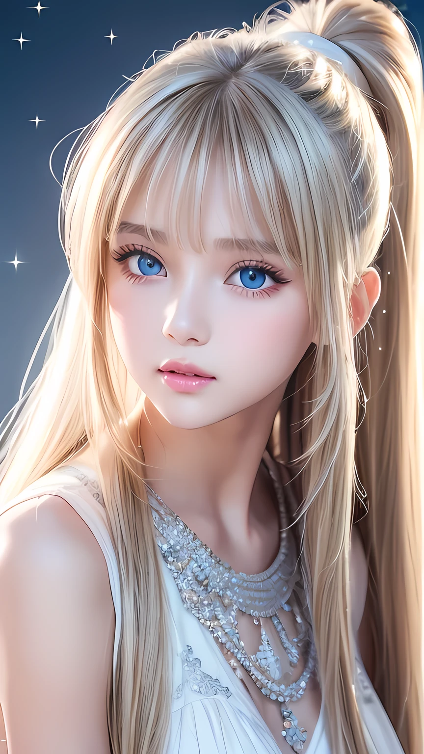 Portrait、、Bright expression、ponytail、Young, lustrous, glowing, white skin、Cheek highlight、The best beauty、Clear, silky blonde hair with dazzling highlights、Shiny bright hair,、Super long silky straight hair、Shiny beautiful bangs、Big bright blue eyes like sparkling jewels、Very beautiful lovely cute  girl、Ample Bust