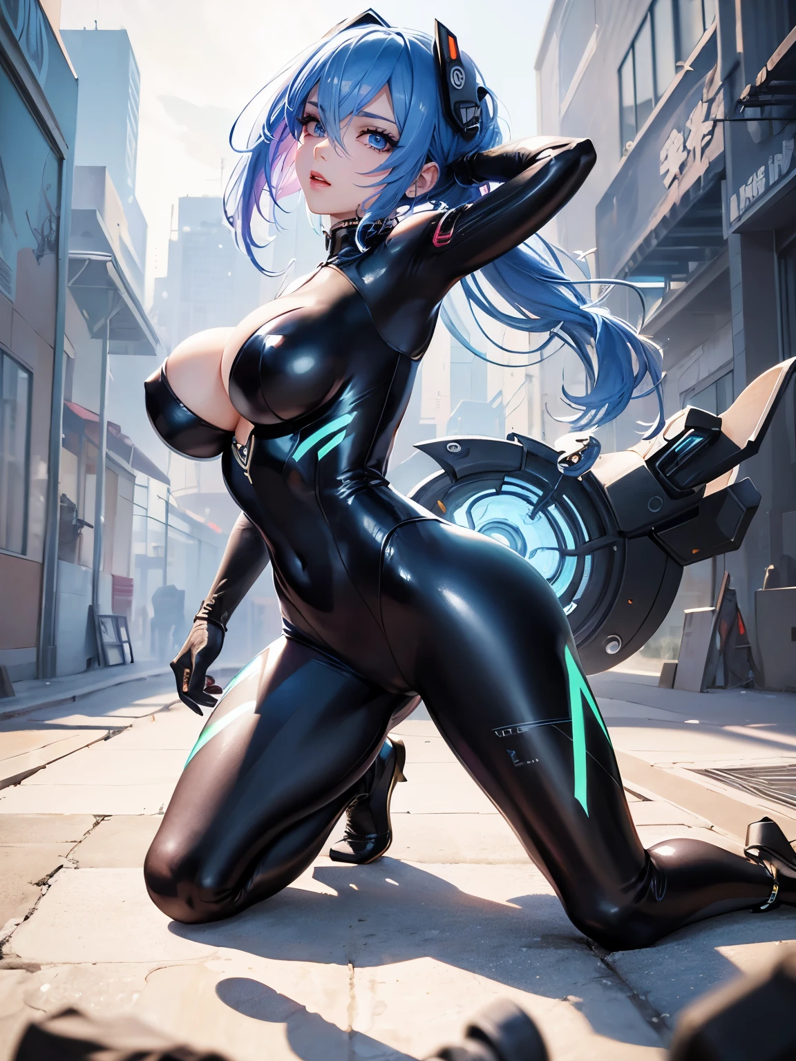 A close up of a woman in a black suit posing on a street - SeaArt AI