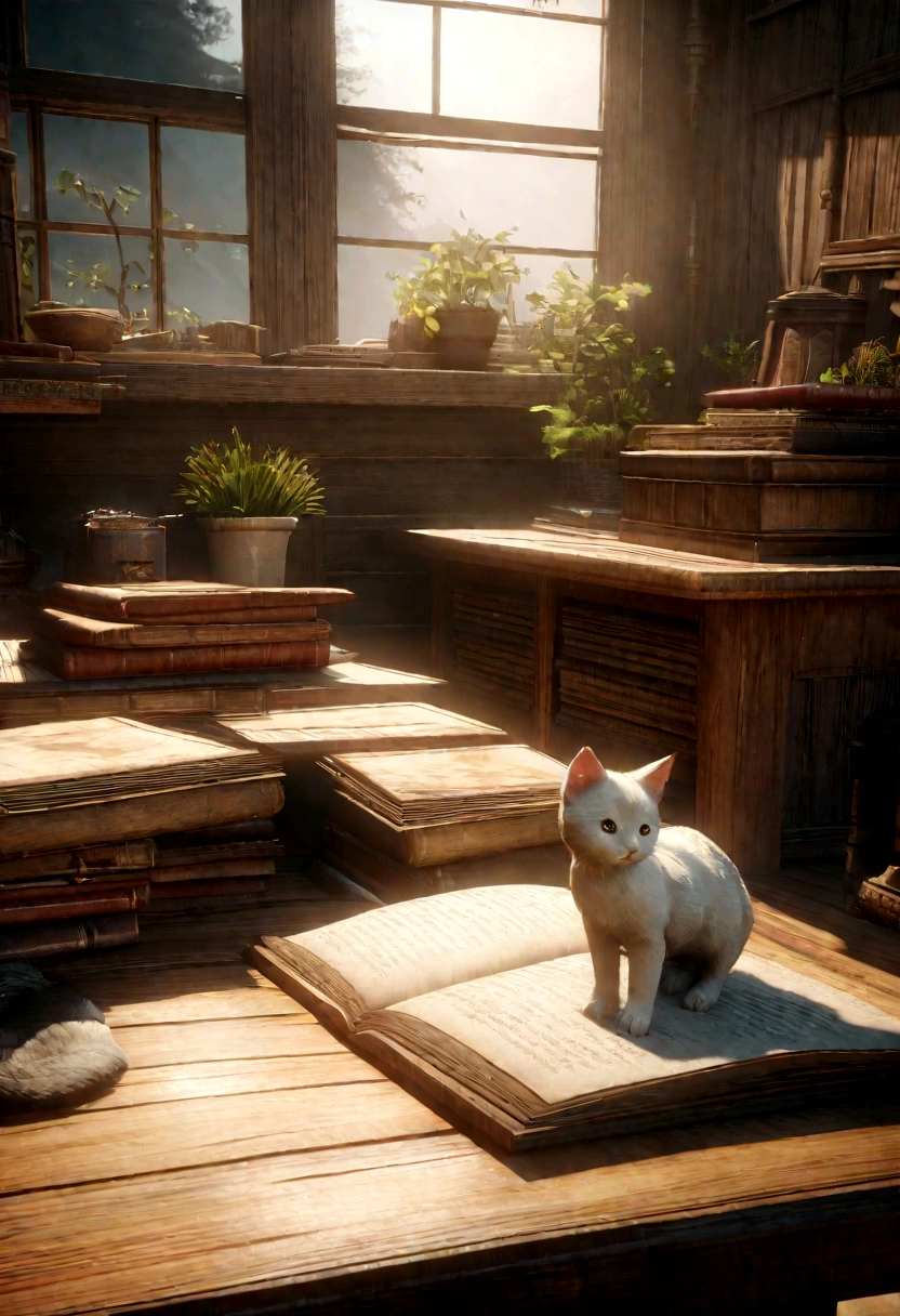 girl learning at dusk, Wooden floor with kitten on the table, eerie atmosphere, Book movement, cinematic Lichting, mystical, Atmospheric, 3D-Rendering, high details, Trends on ArtStation , 4K resolution, ultra-defined, detailed pixels
