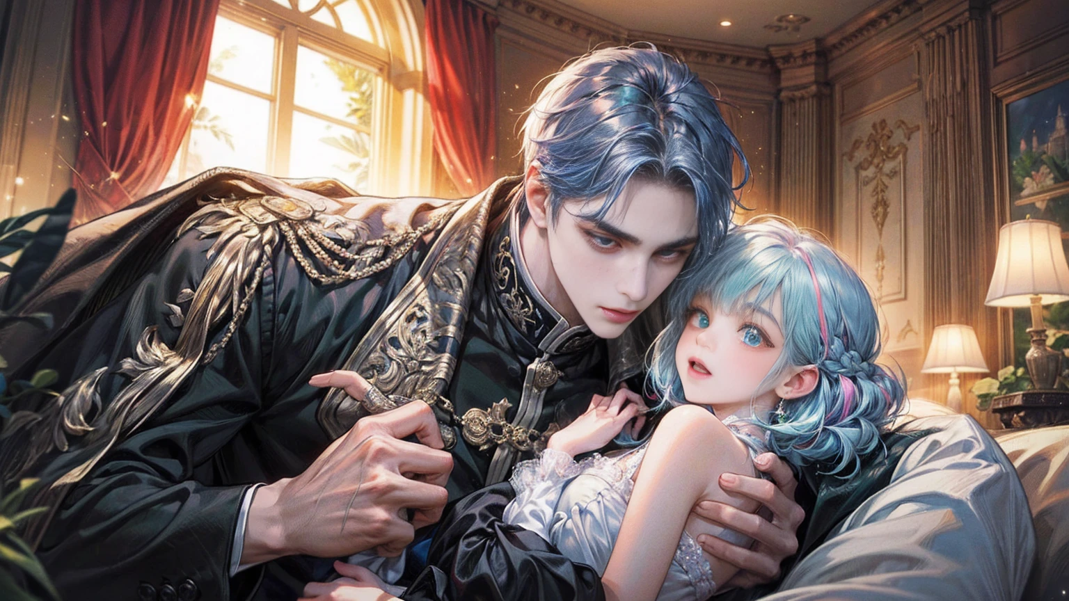 (((Mother and son,My son is a newborn baby.)))、((Highest quality、Masterpiece、Official Art、The best dynamic composition))、They both have a mixture of blue and white hair.、She is happily stroking the baby&#39;s cheek.、Heartwarming、happiness、A sparkling world、