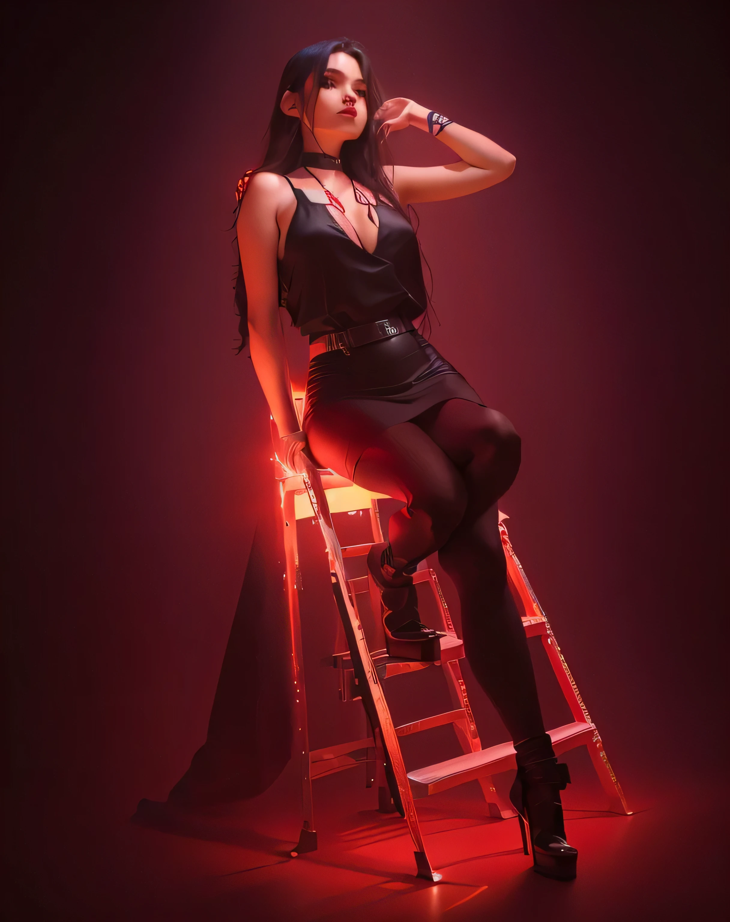 arafed woman sitting on a ladder with a red light, red and cinematic lighting, shot at dark with studio lights, posing in dramatic lighting, photo from a promo shoot, fashion color studio lighting, shot at night with studio lights, standing on a ladder, sitting on a stool, full body photoshoot, sitting on a metal throne, with neon lights