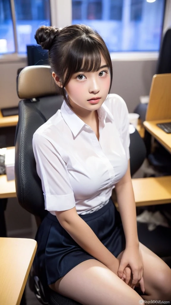 (Highest quality, 8K, masterpiece ), A 12-year-old junior high school student with a young face、Bun hairstyle、 Short Hairstyles、The eyes are large and clear、Large Breasts、Black Hair、My shirt is about to tear、Glamour thighs:1.2、satin button down shirt, Highly detailed face, double eyelid, Round face:1.2、whole body、Sexy thighs:1.2、Round face:1.3、Side angle,Diagonal horizontal angle:1.2、Micro Mini Skirt、Sitting in a chair in a dark office at night with the lights out、A computer is placed in a dark office at night with the lights off.