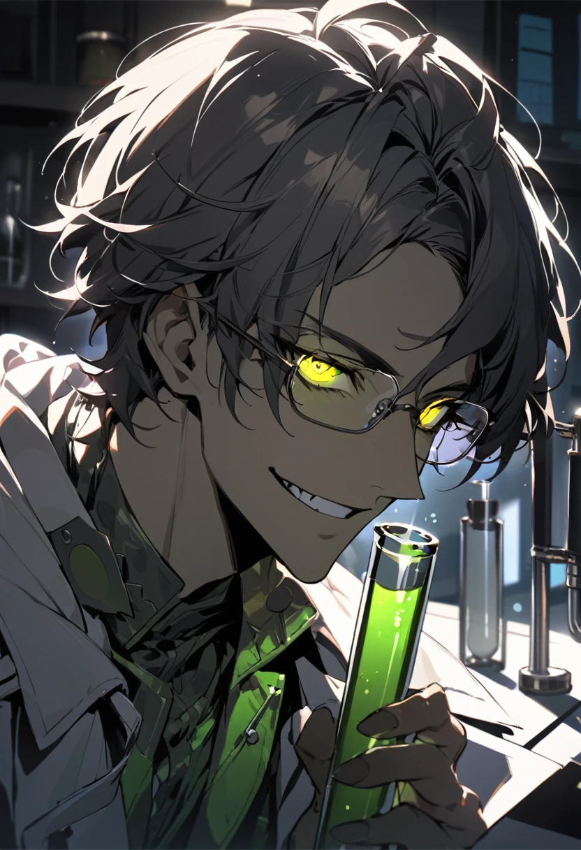 (masterpiece, best quality), detailed face, solo, 1man, messy short hair, bishounen, mad scientist, scientist coat, glasses, lens flare, maniacal smile, sharp eyes, glowing eyes, holding science test tube, in laboratory, dark shadows, contrast, science, sinister, portrait, handsome
