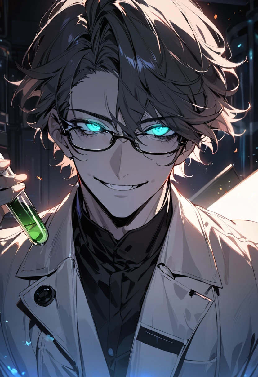 (masterpiece, best quality), detailed face, solo, 1man, messy short hair, bishounen, mad scientist, scientist coat, glasses, lens flare, maniacal smile, sharp eyes, glowing eyes, holding science test tube, in laboratory, dark shadows, contrast, science, sinister, portrait, handsome
