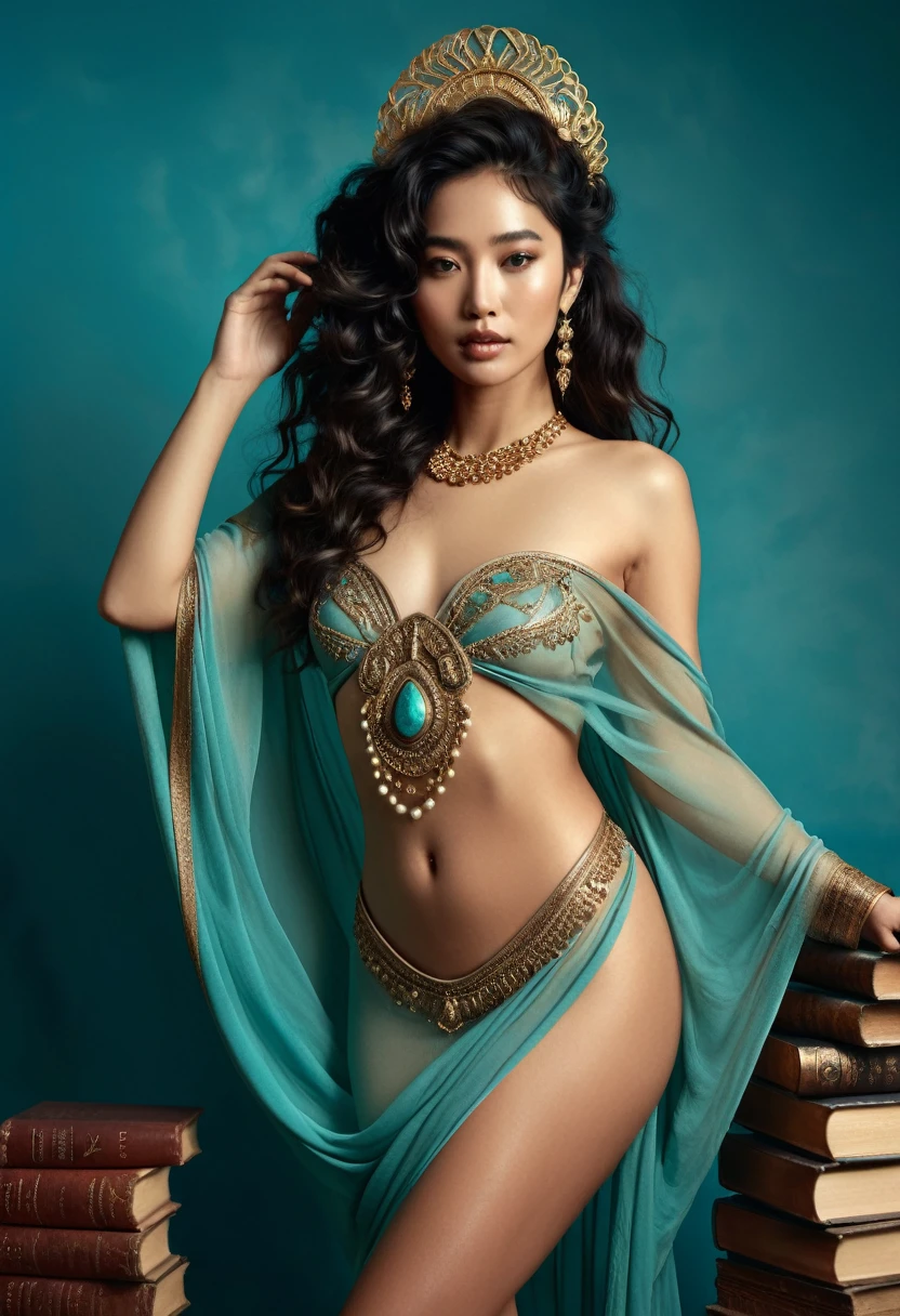 (A half-asian, asian-european, woman with black wavy hair in the style of a greek goddess. bronze skin. Aphrodite, goddess, divine aura) (teal and bronze colours) (high contrast background) (wearing ancient jewellery on upper arms, neck, wrists, fingers) (polaroid camera) (RAW photo, nikon, 8k, Super detailed, advanced details, intricate details, Super detailed) (award-winning photo, masterpiece) (in a islamic art inspired library) (wearing very very see through gossamer silk robes) (golden high heels) ((full body)) ((perfect anatomy)) ((detailed background with contrast, and details of books and art)