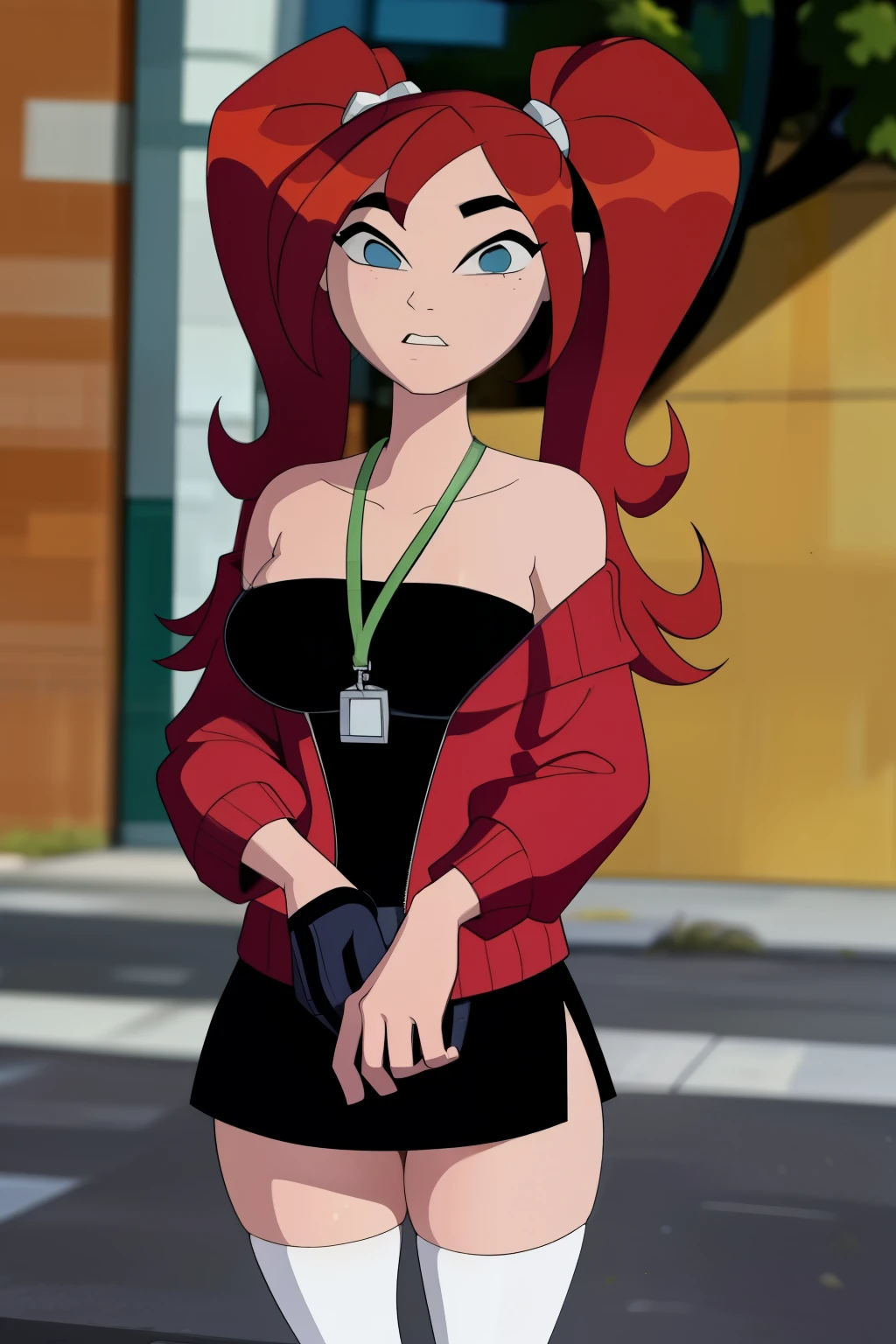 Asustado, confundido, joven tímido , Ambiente dulce, A highly detailed and realistic 3D model of a young woman standing confidently in front of an orange wall. She has red hair styled in twintails and blue eyes. She is wearing a red jacket over a black dress, black gloves, and thigh-high white socks. She has a pair of sunglasses resting on her head. The model should include subtle movement in her hair and the fabric of her jacket, as if a gentle breeze is passing through. The scene is set on a concrete surface with shadows cast on the ground, providing a realistic urban environment. Ensure the model captures her confident posture and natural proportions.
