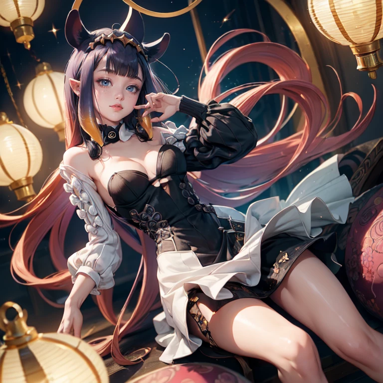Ninomae Ina'nis, VTuber, 1 girl, solo, alone, violet hair, orange hair, multicolored hair, long hair, ornament hair, cat ears, perfectly body, perfectly hands, flowing hair, maid, maid dress, maid headdress, maid apron, white apron, holding a lantern, Chinese lantern, shrine scenery, white roses on focus, gold lantern, Chinese style, Chinese maid dress, violet dress, more details on her clothes, black dress with transparency, golden details, night, smiling, ((4k, masterpiece, top-quality)),8k, best quality, high resolution, HD, (illustration:0.8), super cute girl, delicate and beautiful face, mature girl, super cute hairstyle, (beautiful detailed eyes:1.6), extremely detailed face, perfect lighting, extremely detailed CG, (perfect hands, perfect anatomy), Best quality, cleavage, small skirt, full Body, two arms, two legs, two hands, five fingers