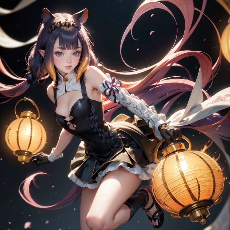 Ninomae Ina'nis, VTuber, 1 girl, solo, alone, violet hair, orange hair, multicolored hair, long hair, ornament hair, cat ears, perfectly body, perfectly hands, flowing hair, maid, maid dress, maid headdress, maid apron, white apron, holding a lantern, Chinese lantern, shrine scenery, white roses on focus, gold lantern, Chinese style, Chinese maid dress, violet dress, more details on her clothes, black dress with transparency, golden details, night, smiling, ((4k, masterpiece, top-quality)),8k, best quality, high resolution, HD, (illustration:0.8), super cute girl, delicate and beautiful face, mature girl, super cute hairstyle, (beautiful detailed eyes:1.6), extremely detailed face, perfect lighting, extremely detailed CG, (perfect hands, perfect anatomy), Best quality, cleavage, small skirt, full Body, two arms, two legs, two hands, five fingers