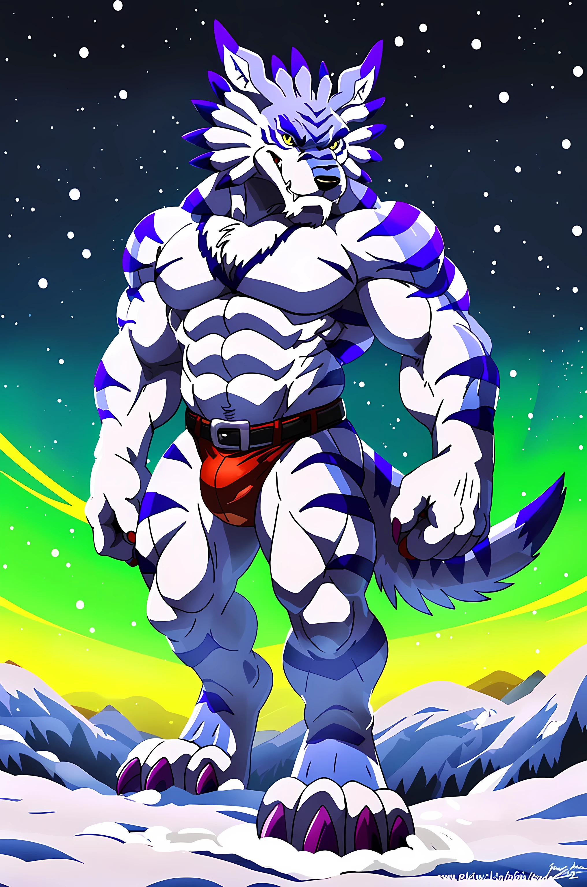 Garurumon, full body, feral legs, standing, posing, fangs, high quality, yellow eyes, big eyes:1.1, detailed eyes, muscular, very muscular:1.1, pectorals, by wfa, by rossciaco, by seibear, by fabfelipe, purple claws, big paws, snow, snow ground, night, night sky, aurora, starry sky, northern lights, celshaded art style, big paws, sharp claws, wolf tail, belt, big belt, red speedos, correct anatomy, correct proportions