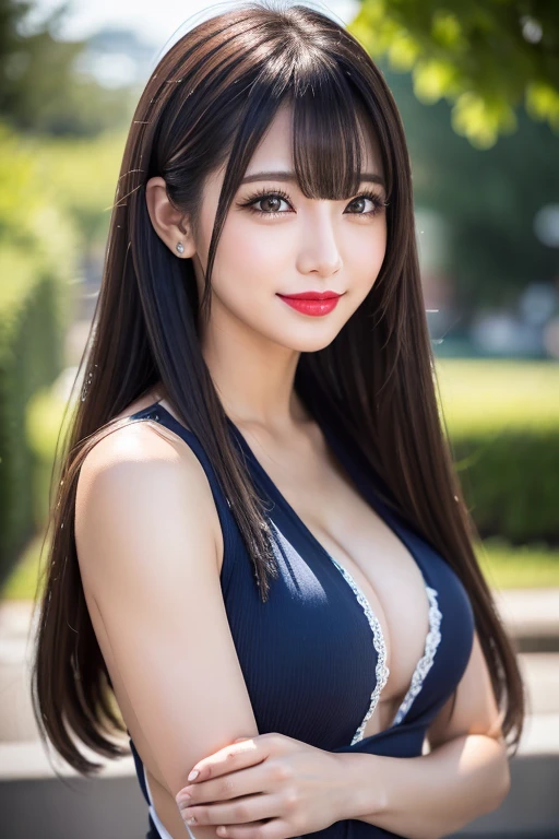 (((A real beauty))), RAW Photos, Black Hair、folder、Round eyes、False eyelashes、Straight Hair, Wavy Hair、correct、Crimson lipstick、Striped Hair、Brown Hair、Blue Hair、(Gradient Hair)、Asymmetrical Hair、Hair behind the ear、Crossed bangs、Long Hair、((お尻までLong Hair))、Long Hair、Straight bangs、Smooth, silky hair、Hair up on one side、とんでもなくLong Hair、Light brown eyes、Ring Eye、Round eyes、Wicked Smile、A light smile、Cast a Shadow、(Extraordinary presence)、Atmospheric perspective、Backlight、Exposure、Lens flare、、最high quality、超High resolution、超High resolution、Very realistic, masterpiece、correct、Textured skin、high quality、最high quality、Awards、32k, 髪のfolder、Cunning、（Close your eyes and smile）、Shy laugh、Redness in the ears、correct、Subjective、Shine、360° View、Very detailed、超High resolution、解剖学的にcorrect、masterpiece、Emphasize the chest、High resolution、High detail、Long eyelashes、A slight blush、Compensate, (((Full Body Shot)))、（Hands on hips）、Captivating pose、Shooting from a distance、Various angles of view、Eye-Level 、Sony FE