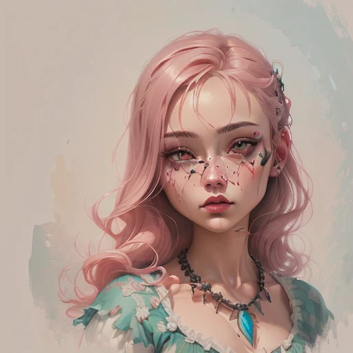 there is a painting of a woman with pink hair and a necklace, color study, inspired by loish, digital painted, soft digital painting, painted character portrait, digital paining, pink girl, a digital painting, soft portrait, digital portrait, lofi portrait, digital painting, low detailed. digital painting, an expressive digital painting, digital sketch, loish art style