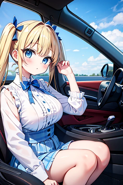 Highest quality,Blonde with blue eyes、ta、Large Breasts、Twin tails、Girl Brat,Nissan GTR,driving seat,