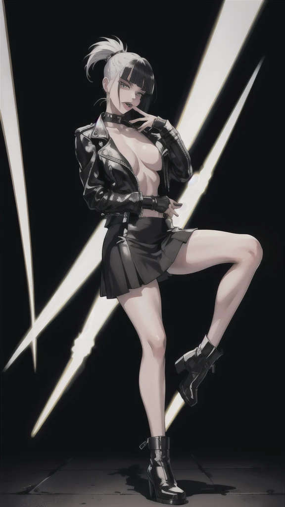 (masterpiece:1.2, Highest quality), (1 Female, alone), Buzz cut hairstyle with silver, ponytail, Extra Large, Black leather jacket, black skirt and combat boots, (Look at people with harsh eyes:1.5),(Biting your own lip:1.1),(anger:0.9),Red nose,(Shameful:1.2), orgasm face , spread legs, legs up ,bottomless ,surprised,flock of black birds, shine under dim streetlights in the dark alley, low angle, full body