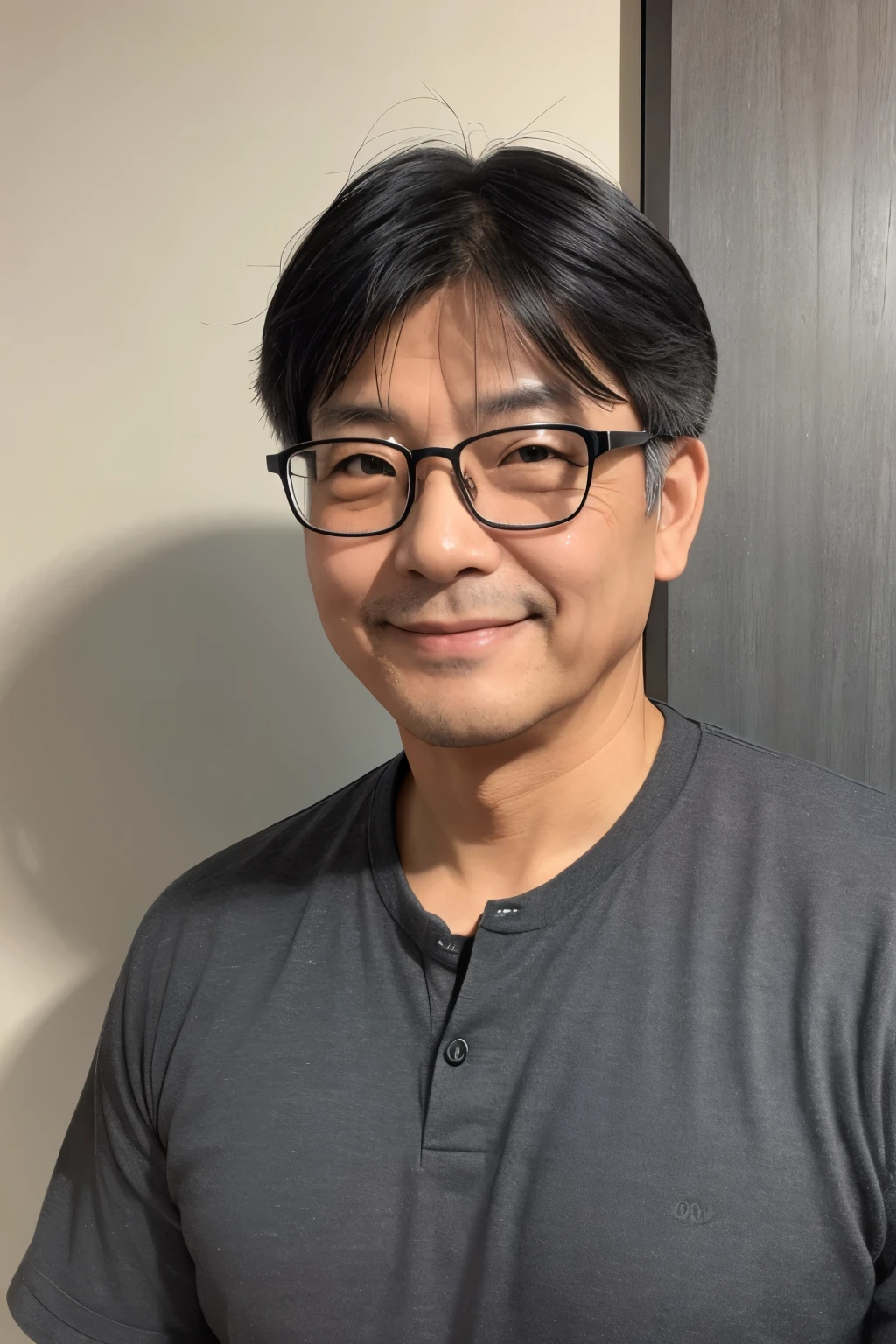 Japanese,50 years old,male,Are fat,Square face contour,smile,Black hair mixed with gray hair,Slightly thinning hair,Kind eyes,Wearing glasses