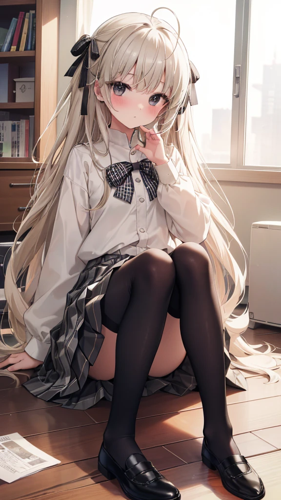 (8K、Best image quality、Highest quality、masterpiece)、One tall girl、((whole body))、Sit on the floor with your legs spread、White panties are visible、Long Hair、Wavy Hair、blush、Medium Bust、White collared shirt、Short sleeve、((Checkered pleated mini skirt))、Classroom Background、((black tights))、Black Pantyhose、((No shoes))