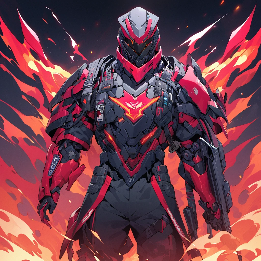 A captivating illustration of Silco, the arcane champion, standing tall in his stunning neon red and black cyber armor. The armor's "DIF" design on the helmet, predominantly black with striking red accents, shows his affiliation. On the chest he sports the "WildFire" emblem in fire red and flame yellow, adding a touch of intense energy to his ensemble. Equipped with a sleek one-handed assault rifle, Silco exudes unwavering confidence and determination. The image encapsulates the perfect blend of futuristic technology, cyberpunk aesthetics and a sense of imminent danger.