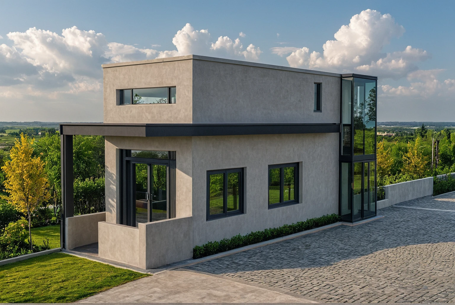 Raw photo,Masterpiece, high quality, best quality, authentic, super detail,
exterior, outdoors, house style modern on the street, glass windows, gate,
road,House on the corner of the street, pavement, trees, sky, cloud, (daylight:1.1)