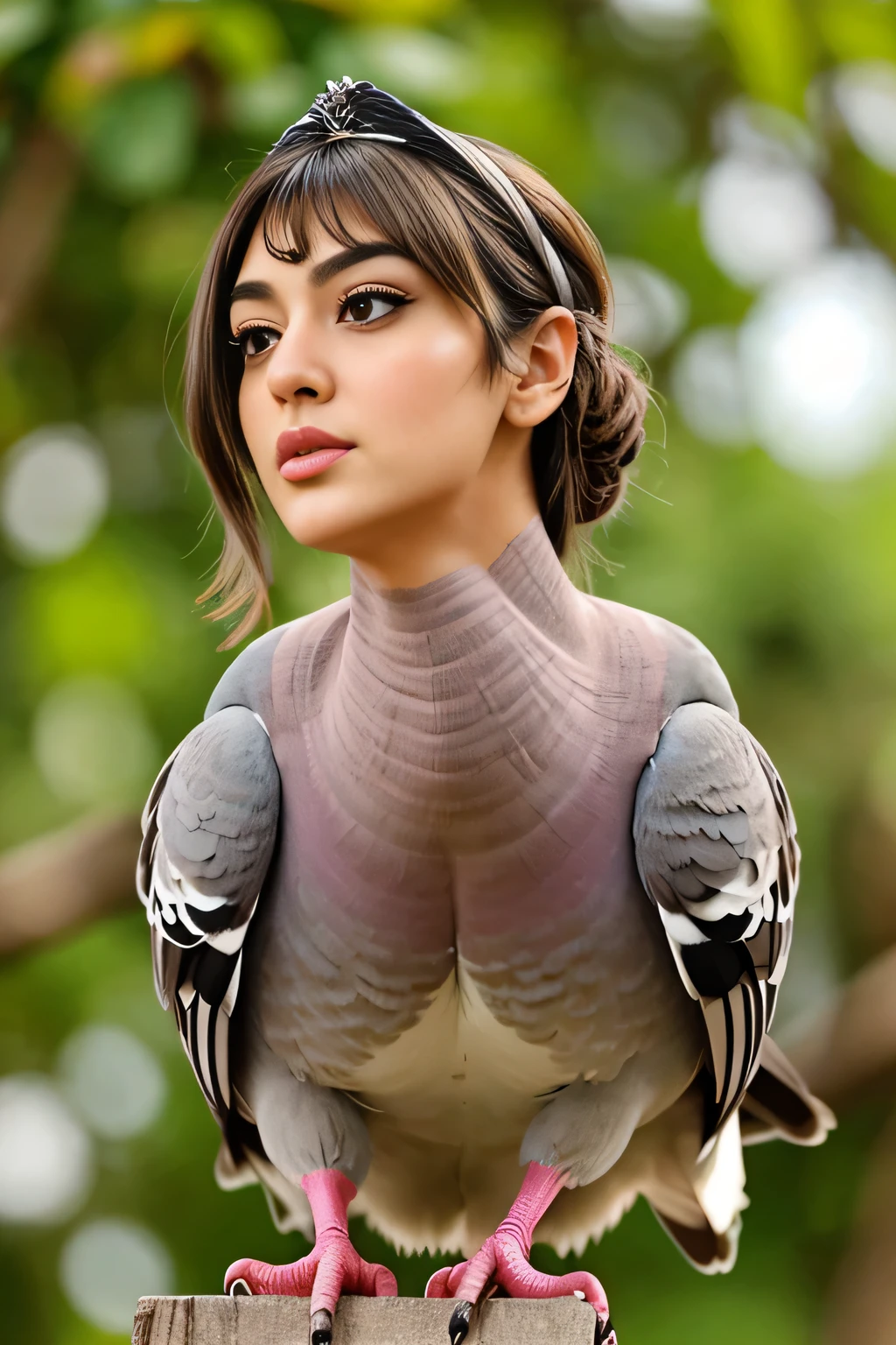 Hansika Motwani is a pigeon bird, She is a bird but her head looks like girl, from neck to full body looks like pigeon bird. Pigeon legs, pigeon wings. Bird body, pigeon body, perfect picture, perfect bird, real bird, Real head replace with real pigeon head. Exact Bird. Red Color pigeon.
