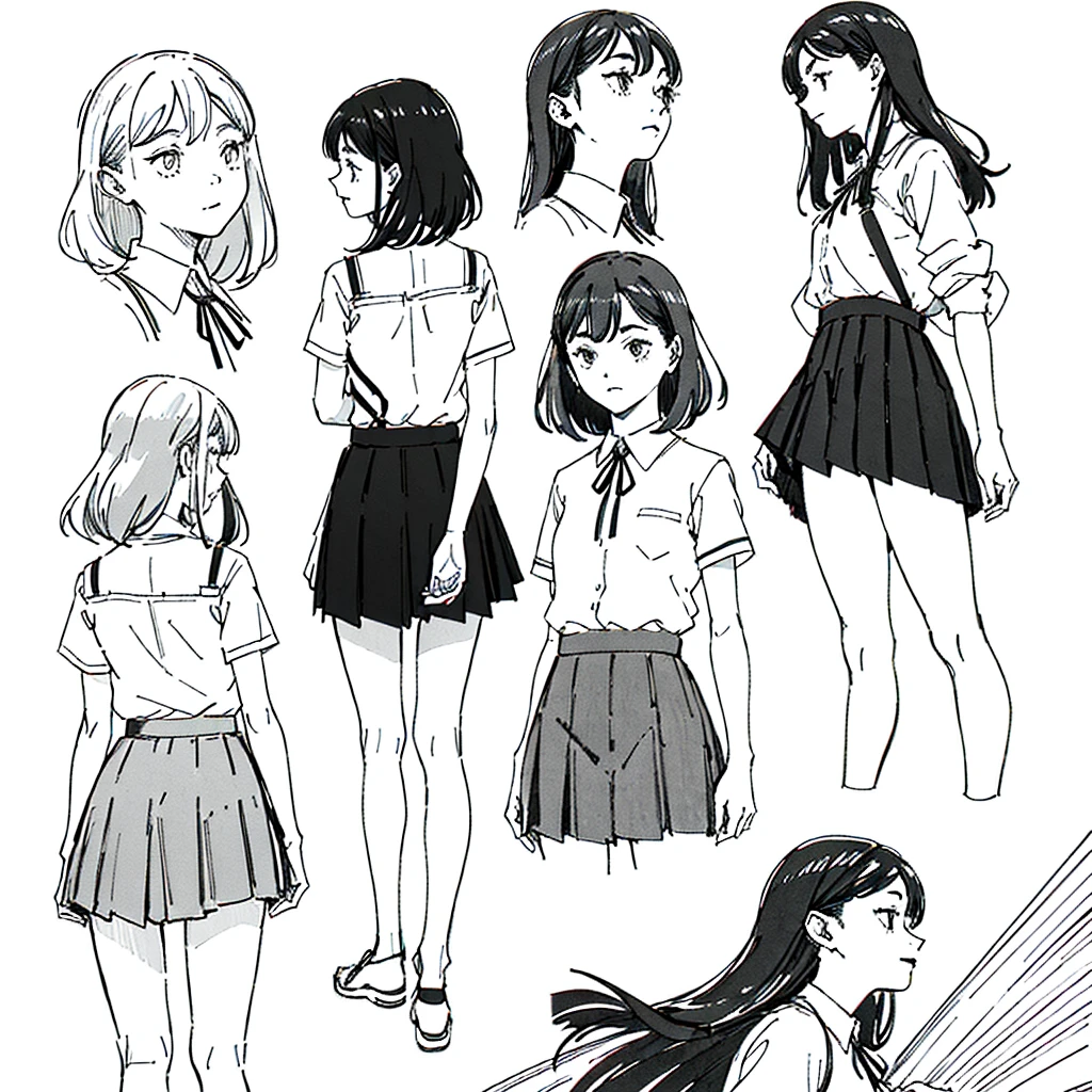 One Girl,Line art,Monochrome,sketch,Pencil drawing,Traditional Media,One Girl, skirt,Cute Teenage Girls, ,Beautiful portrait、Delicate body、Black Hair、Black Hair,landscape (Multiple Views, Multiple Angles), Side view, Front view, look up, Look down, Rear View, 20-degree head view