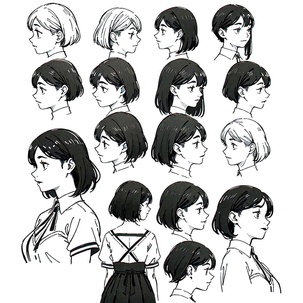 One Girl,Line art,Monochrome,sketch,Pencil drawing,Traditional Media,One Girl, skirt,Cute Teenage Girls, ,Beautiful portrait、Delicate body、Black Hair、Black Hair,landscape (Multiple Views, Multiple Angles), Side view, Front view, look up, Look down, Rear View, 20-degree head view
