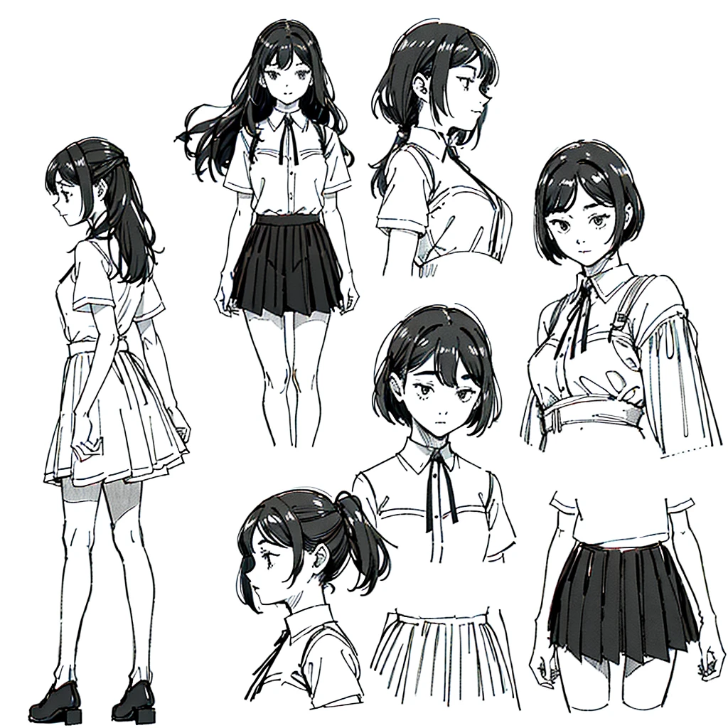 One Girl,Line art,Monochrome,sketch,Pencil drawing,Traditional Media,One Girl, skirt,Cute Teenage Girls, ,Beautiful portrait、Delicate body、Black Hair、Black Hair,landscape (Multiple Views, Multiple Angles), Side view, Front view, look up, Look down, Rear View, 20-degree head view