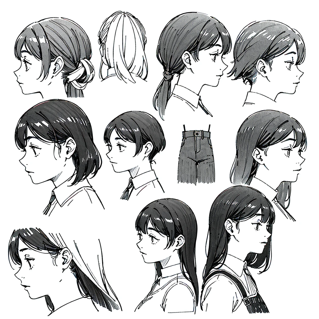 One Girl,Line art,Monochrome,sketch,Pencil drawing,Traditional Media,One Girl, skirt,Cute Teenage Girls, ,Beautiful portrait、Delicate body、Black Hair、Black Hair,landscape (Multiple Views, Multiple Angles), Side view, Front view, look up, Look down, Rear View, 20-degree head view