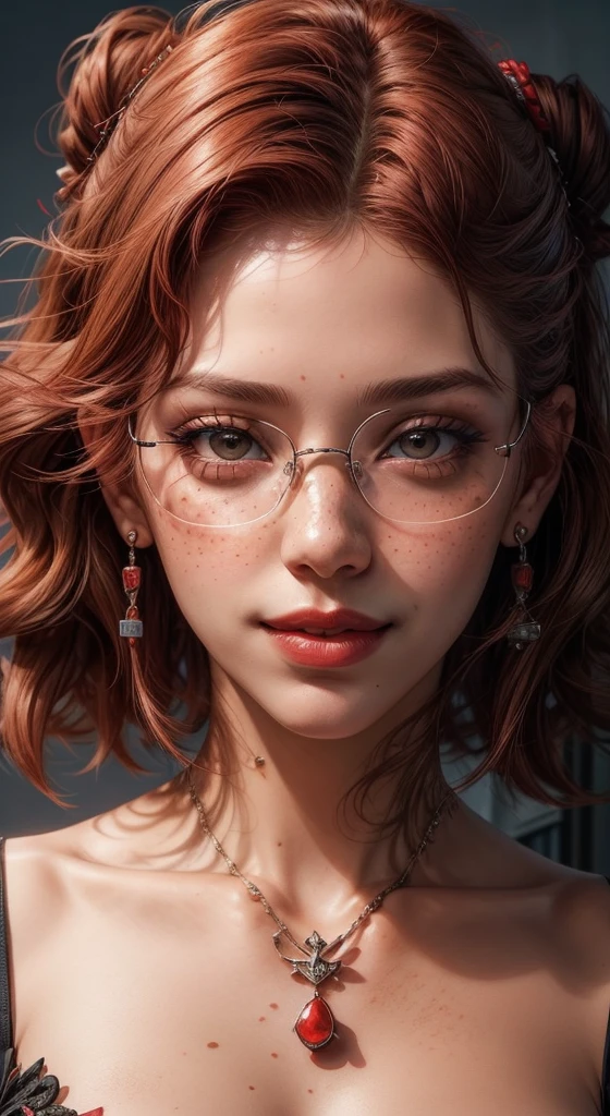 1close up of a girl ,short red curly hair, Grinning,with tattoos on the face, fleshy lips,freckles on the face ,red lipgloss stick,Piracy, earrings, glasses and makeup, Angle of the face up close