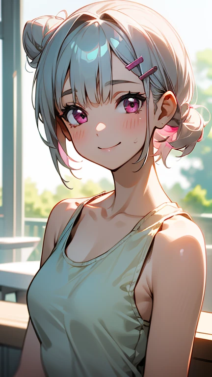 １girl、Short silver bob hair tied in a bun with a hair clip, Pink Eyes、smile、really like、Khaki tank top、Upper body close-up、Morning Cafe Terrace、Background blur, Written boundary depth