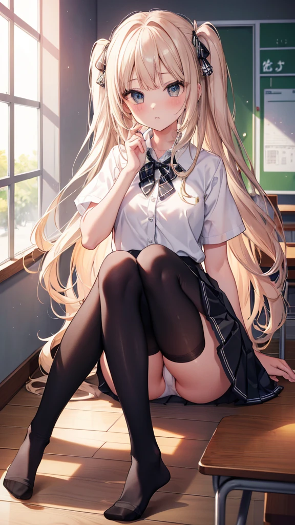 (8K、Best image quality、Highest quality、masterpiece)、One tall girl、((whole body))、Sit on the floor with your legs spread、White panties are visible、Long Hair、Wavy Hair、blush、Medium Bust、White collared shirt、Short sleeve、((Checkered pleated mini skirt))、Classroom Background、((black tights))、Black Pantyhose、((No shoes))