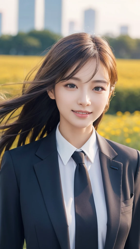highest quality、genuine、Super detailed、finely、High resolution、8k wallpaper、one beautiful woman、、、light brown disheveled hair、wearing a business suit、sharp focus、perfect dynamic composition、beautiful and detailed eyes、thin hair、Detailed genuine skin texture、smile、model body shape、In Tokyo at morning、In a windswept meadow