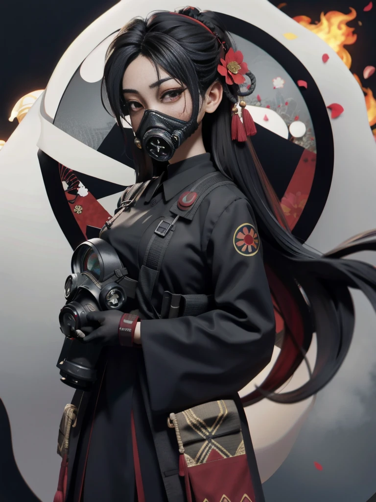 (Official Art, Unity 8k wallpaper, super detailed, high quality, best quality),
(Zen Entanglement, Mandala, Tangled, Entanglement: 0.6), (Red, Black), Flat Color, Limited Color Palette, Low Contrast, (1 Girl: 1.2), Solo, Seraf, Long Straight Black Hair, Garlic Flower, (Gloomy), (Gas Mask: 1.3),