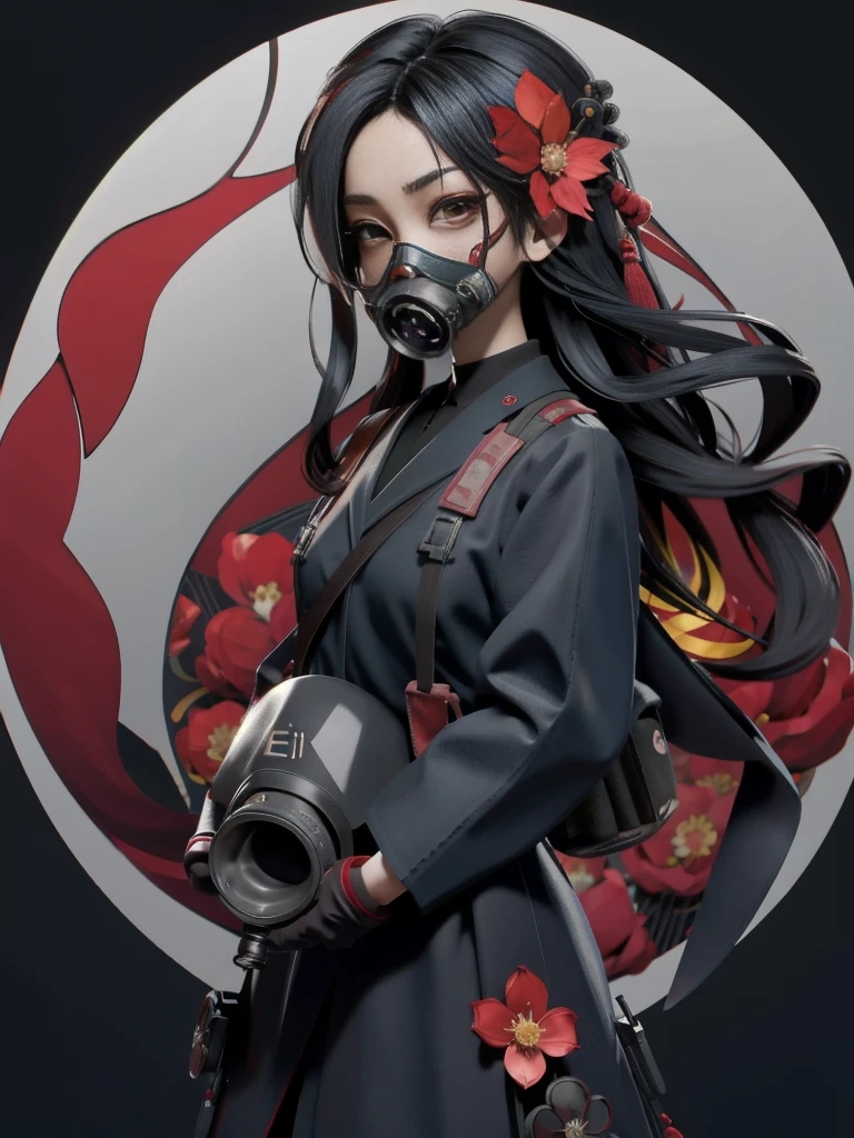 (Official Art, Unity 8k wallpaper, super detailed, high quality, best quality),
(Zen Entanglement, Mandala, Tangled, Entanglement: 0.6), (Red, Black), Flat Color, Limited Color Palette, Low Contrast, (1 Girl: 1.2), Solo, Seraf, Long Straight Black Hair, Garlic Flower, (Gloomy), (Gas Mask: 1.3),