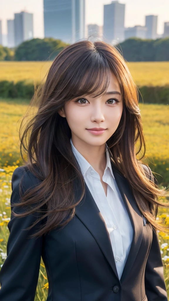 highest quality、genuine、Super detailed、finely、High resolution、8k wallpaper、one beautiful woman、、、light brown disheveled hair、wearing a business suit、sharp focus、perfect dynamic composition、beautiful and detailed eyes、thin hair、Detailed genuine skin texture、smile、model body shape、In Tokyo at morning、In a windswept meadow