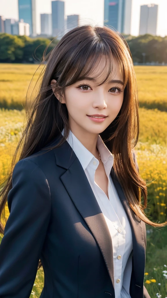 highest quality、genuine、Super detailed、finely、High resolution、8k wallpaper、one beautiful woman、、、light brown disheveled hair、wearing a business suit、sharp focus、perfect dynamic composition、beautiful and detailed eyes、thin hair、Detailed genuine skin texture、smile、model body shape、In Tokyo at morning、In a windswept meadow