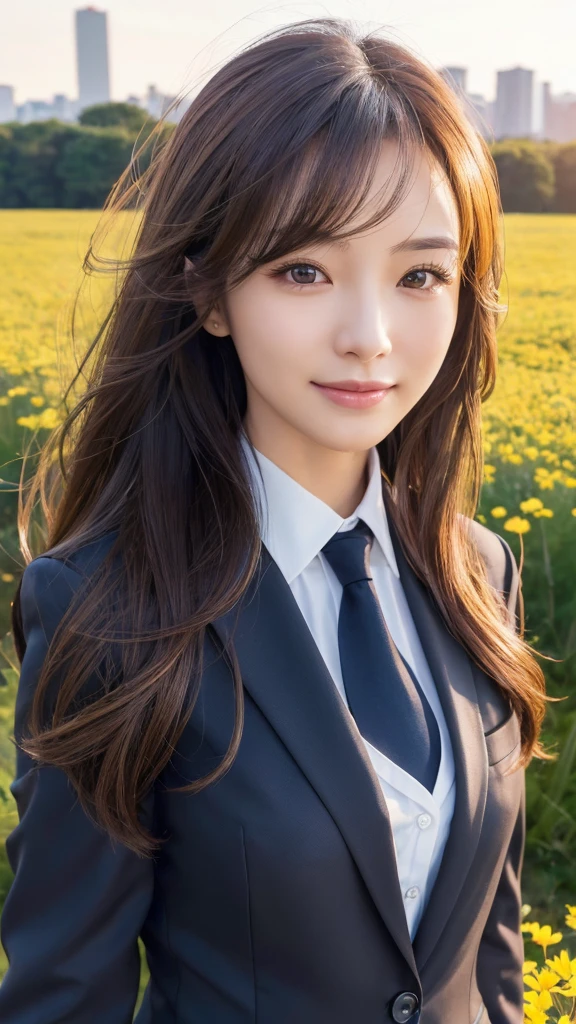 highest quality、genuine、Super detailed、finely、High resolution、8k wallpaper、one beautiful woman、、、light brown disheveled hair、wearing a business suit、sharp focus、perfect dynamic composition、beautiful and detailed eyes、thin hair、Detailed genuine skin texture、smile、model body shape、In Tokyo at morning、In a windswept meadow