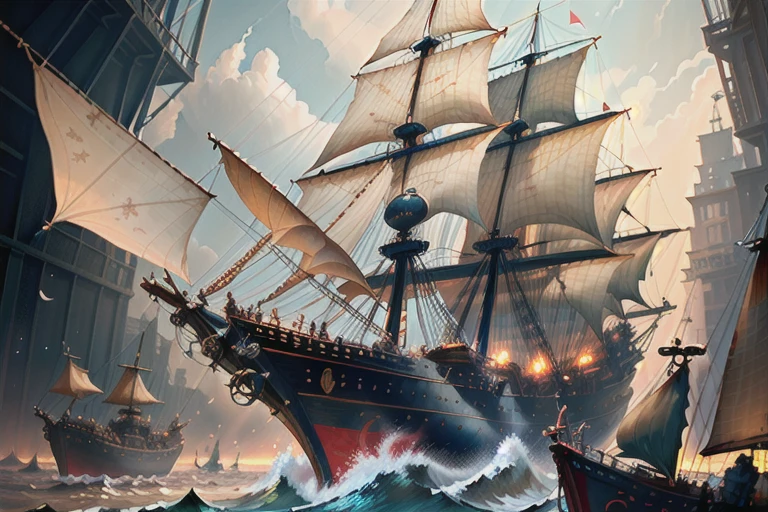 There is a model of a ship with many sails., Surrealist sculptures by Arthur Pang, Polycount Contest Winners, cloisonne, galleon, very Very detailed, British warships, Weta Studios and James Jean, Deep Sea Sculpture, Fantasy Highly detailed, One Piece Ship Voyage, Very detailed, Very detailed