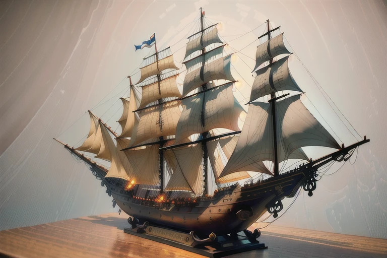 There is a model of a ship with many sails., Surrealist sculptures by Arthur Pang, Polycount Contest Winners, cloisonne, galleon, very Very detailed, British warships, Weta Studios and James Jean, Deep Sea Sculpture, Fantasy Highly detailed, One Piece Ship Voyage, Very detailed, Very detailed