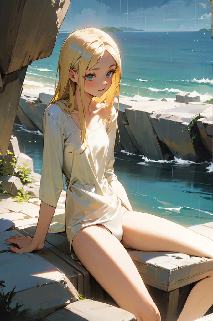 Best image quality, cliff, Adventurer, ""White underwear"", Completely naked, sit, Spread your legs, Rainfall, Blonde, ""woman"",